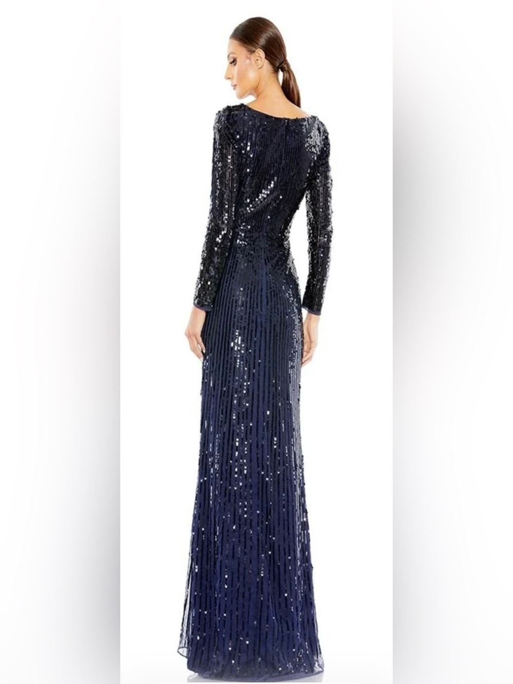 Mac Duggal Navy Long-Sleeve Sequin Evening Gown